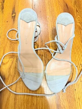 Tony Bianco Pale Blue Suede Lace-Up Sandals with Clear Toe Band